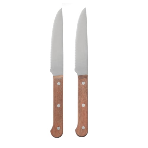 Two LINDRIG steak knives with serrated stainless-steel blades and wood-handles, positioned vertically.