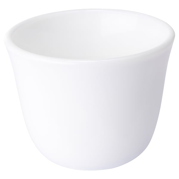 A white LJUMMEN mug made of tempered glass. It has a simple, smooth design and is dishwasher-safe.