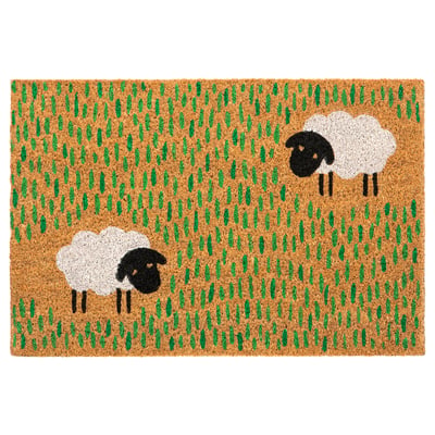 Rectangular brown doormat with green grass design and two black-faced sheep in a field.