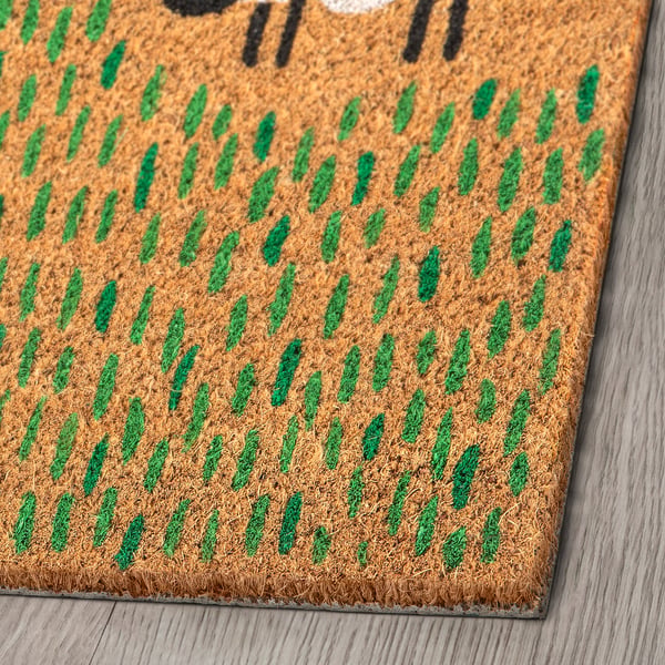 Natural coir door mat with green pattern, durable and eco-friendly, laid on wooden floor.
