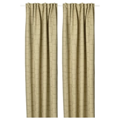 Two light olive green LÖNNSTÄVMAL jacquard-woven block-out curtains hang side by side, featuring an elegant textured pattern.