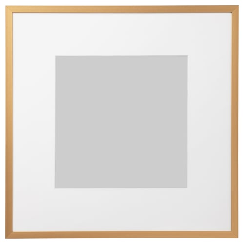 Gold LOMVIKEN picture frame, square, thin metal edge, plastic front, safe, ph-neutral mat, easy hang.