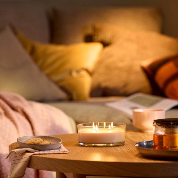 LOTSFÅGEL Scented candle in glass, 3 wicks, Peach light orange, 25 hr