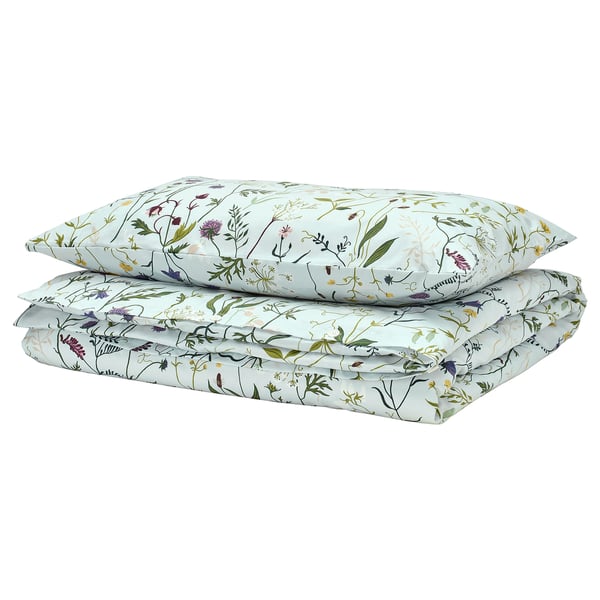 MATTOXBÄR Duvet cover and pillowcase, pale blue/floral pattern, 150x200/50x80 cm