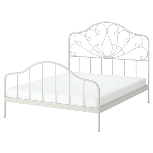 White MELLGRUND bed, metal frame, ornate headboard, classic style.
