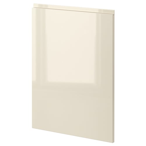 A single, high-gloss beige kitchen cabinet door with integrated handles, part of the IKEA METOD system.