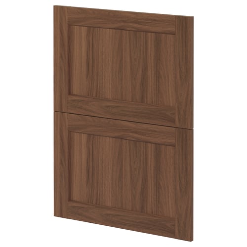Dark brown wooden cabinet door, square shape with slightly raised panel design.