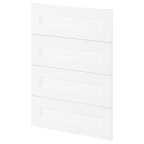 Depicts a METOD kitchen cabinet with white foil fronts, featuring a subtle grain texture and classic design.