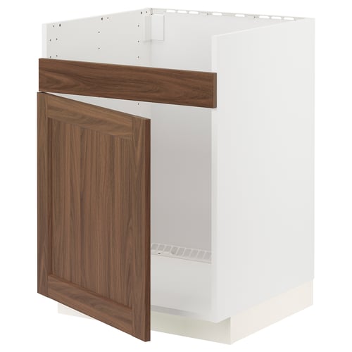Ikea METOD white kitchen cabinet with walnut door, rectangular shape and flat design.