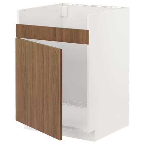 A white METOD kitchen cabinet with walnut-colored tistorp doors. It has a modern, minimalist design with smooth, wooden doors.