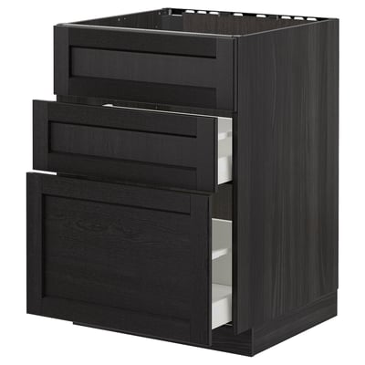 METOD Base cab f sink+3 fronts/2 drawers, black/Lerhyttan black stained, 60x60 cm
