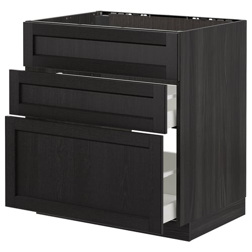 Modern black kitchen cabinet with three drawers, sleek design.