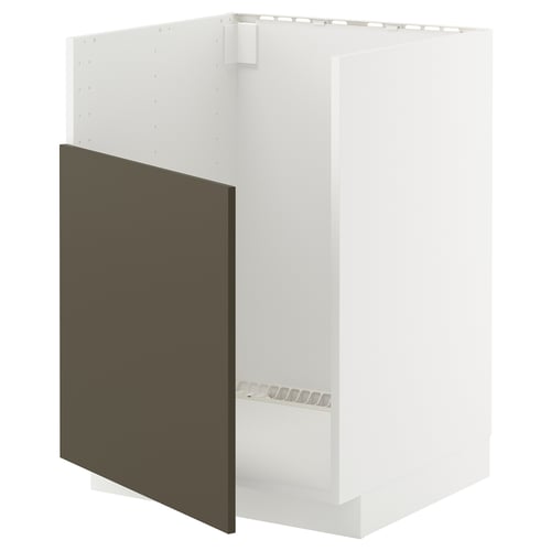 A METOD kitchen cabinet in white with a dark brown door, featuring a snap-on hinge design and a sturdy frame.