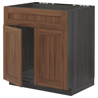 METOD Base cabinet f sink w 2 doors/front, black Enköping/brown walnut effect, 80x60 cm