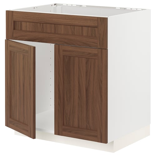 Walnut-colored METOD kitchen cabinet, rectangular, with two open wood-grain doors.