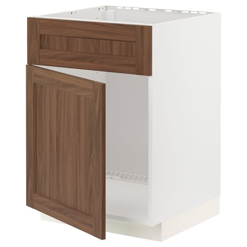 White and walnut METOD kitchen cabinet with open door.