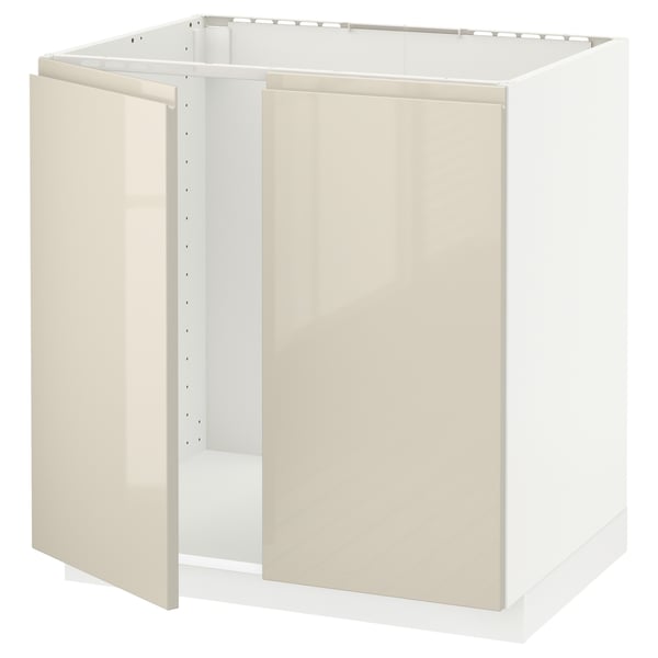 METOD Base cabinet for sink + 2 doors, white/Voxtorp high-gloss light beige, 80x60 cm