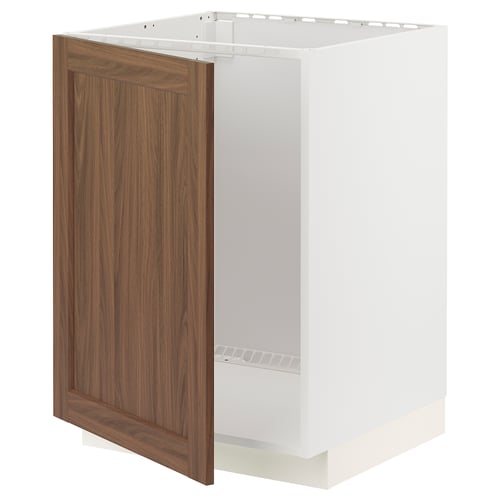 Walnut-colored METOD kitchen cabinet with white frame, square, and recessed panel design.