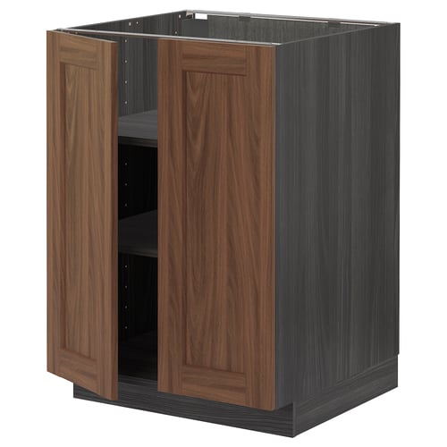 An ikea METOD kitchen cabinet with walnut-colored doors and a dark gray frame, featuring two adjustable shelves.