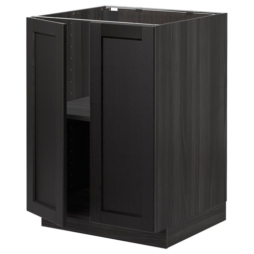Black stained wooden kitchen cabinet with adjustable shelves and bevelled door edges.