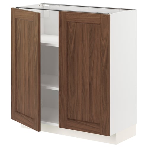 METOD kitchen cabinet with walnut-brown doors and white base, two doors open.