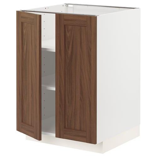 METOD kitchen cabinet with walnut doors. Two doors, square shape, white base, adjustable shelves.