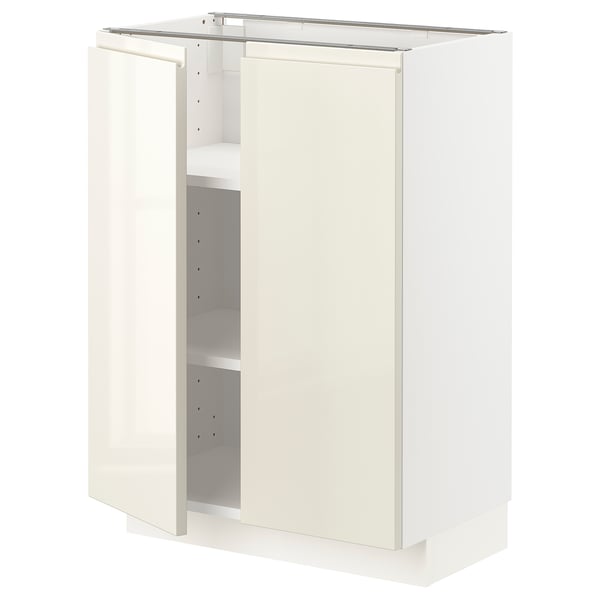 METOD Base cabinet with shelves/2 doors, white/Voxtorp high-gloss light beige, 60x37 cm