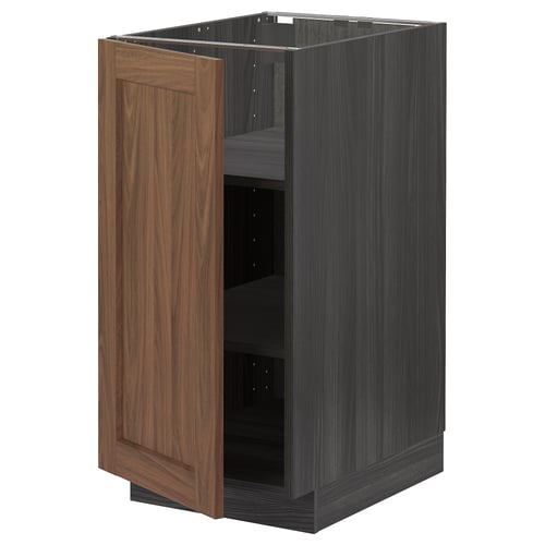 Walnut finish kitchen cabinet from METOD collection with open door, dark wood grain pattern, square shape, and adjustable shelves.
