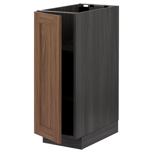 An open METOD kitchen cabinet with a dark wood door and black frame. It has a modern, rectangular design.