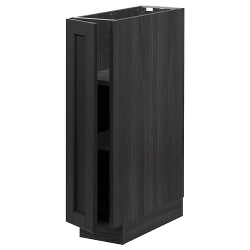 Black stained wooden cabinet, part of IKEAs METOD kitchen system, two adjustable shelves, sturdy frame, and bevelled edges.