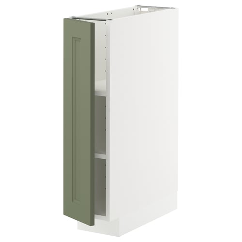 This image a white METOD cabinet with a green axstad door; its rectangular with a modern design and includes a shelf.