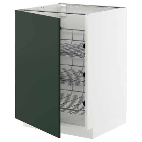 Open white METOD cabinet with green door, chrome wire shelves.
