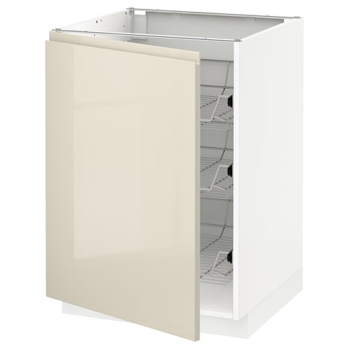 METOD kitchen cabinet in glossy beige with a white frame, featuring wire shelves and an open door.