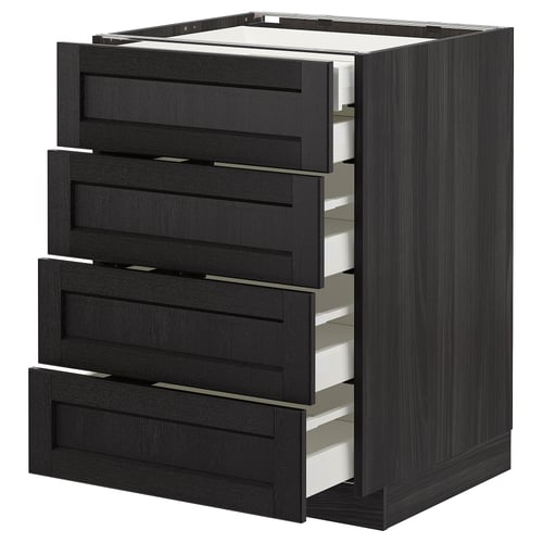 Black stained kitchen cabinet with bevelled drawers and dark wood design.