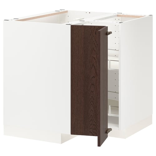 White and dark brown modern kitchen cabinet with open door.