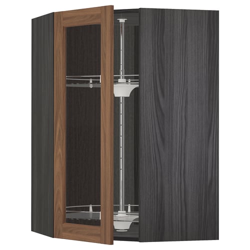 Modern corner kitchen cabinet in dark grey and walnut, with adjustable shelves.