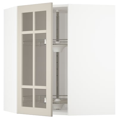 METOD Corner wall cab w carousel/glass dr, white/Stensund beige, 68x80 cm