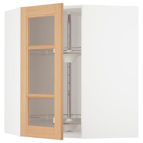 Open oak-framed cabinet with glass doors, part of the METOD kitchen system.