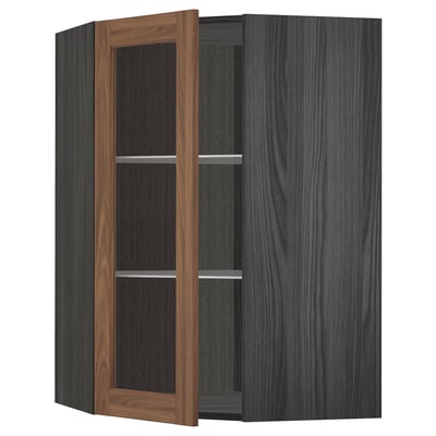 METOD Corner wall cab w shelves/glass dr, black Enköping/brown walnut effect, 68x100 cm