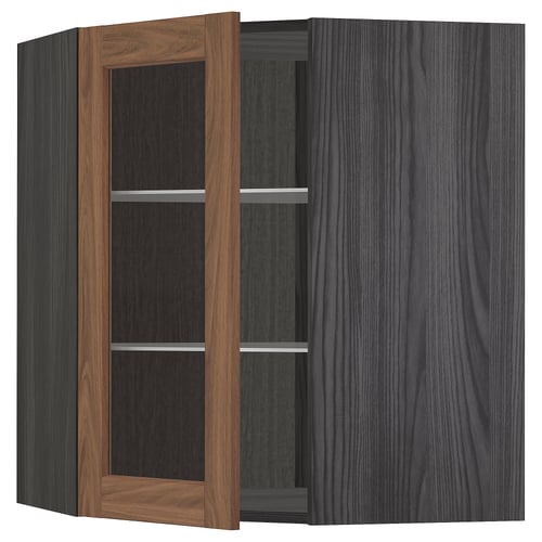 Modern kitchen cabinet with walnut glass door, curved design, dark wood finish, and metal shelves.
