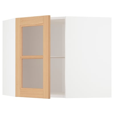 METOD Corner wall cab w shelves/glass dr, white/Vedhamn oak, 68x60 cm