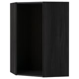 Black wooden open cabinet, corner-shaped, part of IKEAs METOD kitchen system.