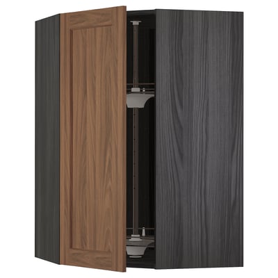 METOD Corner wall cabinet with carousel, black Enköping/brown walnut effect, 68x100 cm