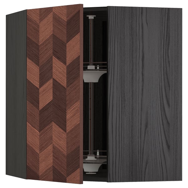 Modern wall cabinet with herringbone patterned veneer door, grey wood, corner design.