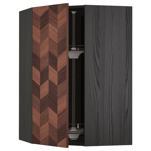 METOD kitchen unit: curved, dark wood, glass shelf, herringbone door, adjustable.