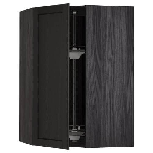 METOD black stained corner cabinet with glass shelves.