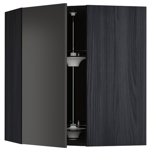 Black METOD kitchen unit with glass shelf and adjustable interior.