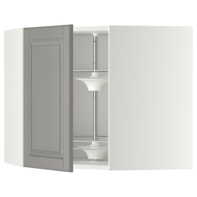 METOD Corner wall cabinet with carousel, white/Bodbyn grey, 68x60 cm