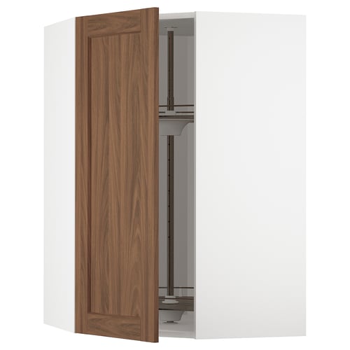 A white METOD kitchen corner unit with an adjustable shelf, featuring a walnut-colored door.