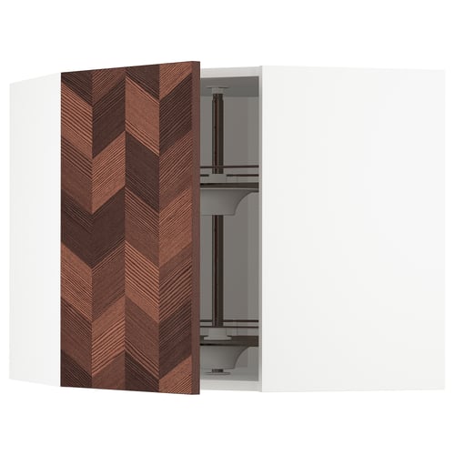 METOD kitchen cabinet with dark herringbone veneer, open showing shelves.